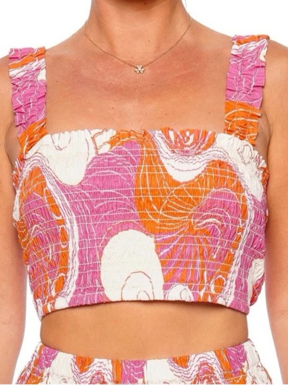 RHODE Pink & Orange Smocked Crop Top with Wide Ruffled Straps